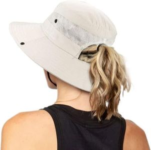 Women's Outdoor UV-Protection-Foldable Sun-Hats Mesh Wide-Brim Beach Fishing Hat with Ponytail-Hole, Beige, One Size