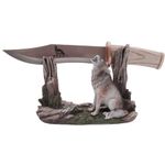 Decorative Wolf Knife with Faux Tree and Wolf Stand, Freestanding Decoration, Rustic Cabin Décor, 10 Inches