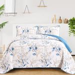 Anibedding Blue Quilt Set Queen,3 Pieces Reversible Elegant Blue Botanical Leaves Pattern Bedspread Coverlet Soft Microfiber Bed Cover for All Season(96"×90")