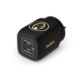 Belkin X Marvel, Ironman Edition, 65W Gan Dual USB-C Pd 3.0 Fast Charger with Pps Technology, Compact Size for Type-C Supported Devices for Laptops- Black & Gold