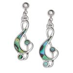 Tide Jewellery inlaid Paua shell Treble Clef music note drop stud earrings.