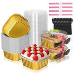 HEYYUMI 10oz Mini Cake Pans with Lids, 40 Pack Aluminum Foil Brownie Pans,Disposable Ramekins Muffin Tins,Square Baking Pans Cupcake Cups,Individual Dessert Containers Flans for Brownie - Gold