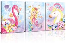 KAIRNE Set of 3 Unicorn Canvas Art Prints Framed, Rainbow Wall Art(11.8 X15.6inch),Mermaid Poster for Girls Bedroom,Flamingo Stars Pink Flowers Wall Decoration for Nursery Kids Room Ready To Hang