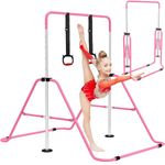 OZE SPORTS Kids Gymnastics Bar Kip Trainer with Rings – Adjustable Height, Sturdy & Safe Training Horizontal Bar for Home Practice, Foldable Gymnastics Equipment for Boys & Girls (Pink)