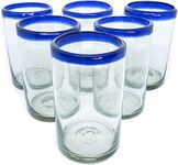 MexHandcraft Cobalt Blue Rim 14 oz Drinking Glasses (set of 6), Recycled Glass, Lead-free, Toxin-Free (Drinking)