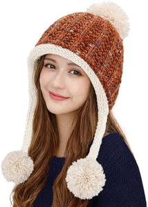 HUAMULAN Women Winter Sherpa Cover Ears Beanie Hat Earflap Peruvian Warm Fleece Lined Knit Cute Soft Ski Hats 3 Pom Poms Reddish Brown
