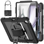 HXCASEAC Shockproof Case for iPad Air 13 inch Case 2024 (M2) with Screen Protector/ 360° Hand Strap Stand/Carrying Strap, Heavy Duty Protective Case for iPad Air 13-inch (A2898, A2899, A2900), Black