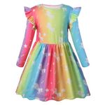 VASCHY Girls Dress, Soft Twirly Stretchy Casual Dress with Pockets Ruffle Long Sleeve for Toddler/Little/Big Kid Girls Clothing Rainbow Unicorn 7T