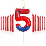 Personalied Happy 5th Birthday Cake Candles Set, Blue Red Candles with Spider Web, Spider Number 5 Candles Cake Toppers for Cake, Spider Theme Party Candles for Boys Girls 5th Birthday Decorations