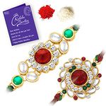 Sukkhi Rakhi Stylish Kundan Rakhi Combo & Designer Gold Plated Premium Rakhi for Brother, Roli Chawal & Greeting Card | Rakhi for Bhaiya | Rakhi for MEN | Kundan Rakhi | Rakhi Combo-Set of 2 |CB73470)