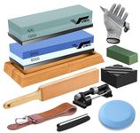 Knife Sharpening Stone Kit - Whetstone Dual Grit 400/1000 3000/8000 Premium Sharpener Wet Stone Set with Leather Strop, Flattening Stone, Honing Guide, Bamboo Base, Angle Guide, Cut Resistant Gloves