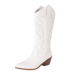 COOLCEPT Women Wetsern Cowboy Boots Embroidered Mid Calf Boots Pull on Chunky Heel Cowgirl Boots White Size 39