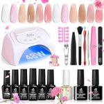 Beetles Gel Nail Polishes Starter Kit, 6 Colors Nail Salon Set with 48W UV Nail Lamp, Transparent Jelly Milky White Pink Nude Gel Nail Polish with Base Top Coat Nail Nail Art Manucure Gift