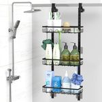 Over the Door Shower Caddy with 36 Hooks, Hanging Shower Organizer with Adjustable Door Hooks and Rack, Rust Proof Shower Shelves Drill Free, Black