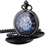 ManChDa Pocket Watch - Double Engraved Skeleton Dial Retro Mens Mechanical Watch Golden Movement with Chain + Gift Box