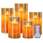 LTETTES Set of 5 Premium LED Amber Glass Cup Pillar Candles with Real Wax with Moving Faux Wick | Battery Powered with Remote Controller | 3" H x4,5,6",7",8" Dia | Ideal for Home Decor and Gifting