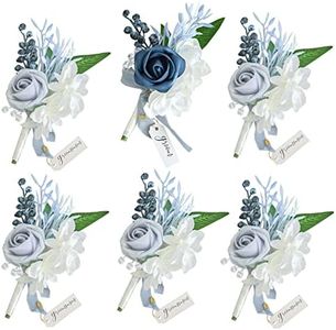 Lookein Set of 6 Dusty Blue Wedding Boutonniere for Men Artificial Flowers for Wedding Groom Lapel Groomsmen Boutonniere for Wedding Ceremony Anniversary Formal Dinner Party