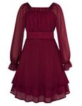 GRACE KARIN Little Girls Cute Chiffon Princess Dress Long Sleeve A-Line Party Dress Square Neck Tiered Cake Party Dresses Wine Red 8-10 Years