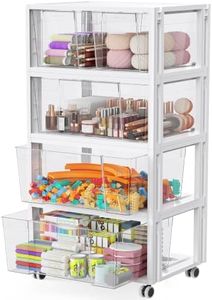Stackable Storage Drawer Carts with Wheels, Extra Large Storage Bins 4 Tier 5 Pull-Out Drawers, Clear Plastic Storage Cabinet Organizer Container for Home Office Bedroom Bathroom Art Crafts Under Desk