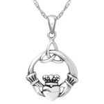 925 Sterling Silver Irish Claddagh Necklace with 20" Inch Chain -Trinity Celtic Knot Pendant - Hands Holding Heart Crown Charm - Endless Love Jewelry for Women - Valentines Day Gifts for Her