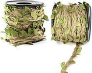 Jute Twine with Leaf, 5mm 65.6Feet Hessian Twine with Artificial Leaves, Natural Jute Twine String, Green Leaves Leaf Trim, Burlap Leaf Ribbon, Perfect Braided Decorated Vine for DIY handmade Art & Crafts, Wedding Christmas Garden Decoration, Gifts (2 Roll x 32.8 Feet)