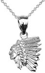 Elegant Native American Chief Head Pendant Necklace in Sterling Silver, 20" chain