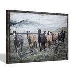 SD SOFT DANCE Wild Horses Wall Art Print - Animals Walking in Nature Wooden Picture with Rustic Wood Frame for Living Room & Office Decor 36’’x24’’