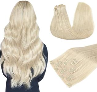 DOORES Hair Extensions Seamless Clip in Human Hair, Platinum Blonde 16 Inch 7pcs 110g, Clip in Human Hair Extensions Seamless Hair Extensions with Skin Weft Straight Remy Hair for Women