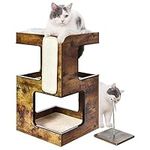 Petfamily Wood Cat Condo, Cat Tree House for Large Indoor Cats Modern Wooden Cat Tower Bed Furniture with Cushion and Scratcher Pad, Brown