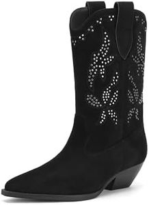 Rogerdream Women's Black Suede Cowgirl Boots, Mid-Calf, With Silver Stud Embellishments Black Size 9