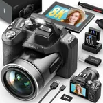 8K 64MP Digital Cameras for Photography, Autofocus & Anti-Shake, 16X Zoom, WiFi, with 180° Flip Screen, 64GB TF Card & 2 Batteries, Professional Camera for YouTube Vlogging Live Streaming (Black)
