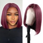 Burgundy Bob Lace Front Wigs Human Hair Pre Plucked Glueless 13x4 HD Lace Frontal Wig With Baby Hair 150% Density 99J Colored Short Straight Bob Wigs For Black Women (Burgundy Bob Wig, 14 Inch)