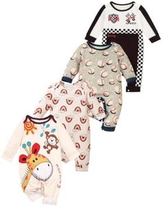 MOSSRIVER Baby Boy Romper Baby Girl Outfits 4 Pack Long Sleeve Bodysuit Snap Crotch Closure Cute Graphic Romper Toddler Boys Fall Clothes(Baseball Rainbow,18-24 Months)