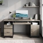 Bestier 59” Executive Desk with 2 Drawers, Computer Desk with Storage Cabinet, Industrial Wood Desk with File Drawer, Keyboard Tray & 2 Pedestals for Home Office & Studio, Gray