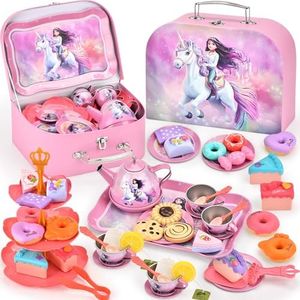 Lajeje Toddlers Unicorn Tea Party Set for Little Girls, Pretend Tin Teapot Set, Princess Tea Time Play Kitchen Toy with Dessert, Doughnut, Carrying Case for Birthday Easter Gifts Age 3 4 5 6