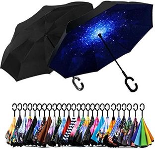 SIEPASA 49/56 Inch Inverted Reverse Upside Down Umbrella, Extra Large Double Canopy Vented Windproof Waterproof Stick Golf Umbrellas with C-shape Handle.(Black & Starry/ 2 Pack, 49 Inch)