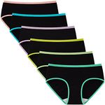 INNERSY Girls Cotton Underwear Soft Hipster Panties Size 8-16 Teens 6 Pack(12-14 Years, Black with Neon Hem)