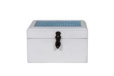 CONTRAST LIVING Rolamin Wooden Decorative Jewellery Painted Box with Cotton Fabric on top (Fabric Colour-Blue & White) (Medium, White)