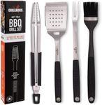 GRILLHOGS Heavy Duty BBQ Grilling Tool Set, Wood Tongs, Spatula with Bottle Opener and Serrated Edge, Barbecue Meat Fork, Perfect Accessories for Backyard Outdoor BBQ (4 Piece)