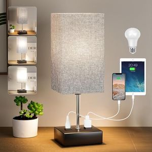 WIHTU 3-Color Temperature Bedside Lamp with USB C+A Ports Table Lamps for Bedroom Nightstand Small Lamps with Grey Shade Bed Lamp Desk Lamps by Pull Chain (LED Bulb Included)
