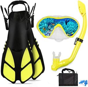 AosDero Kids Snorkeling Set with Flippers Panoramic Snorkel Mask Dry Top Snorkel Earplugs Gear Bag,Snorkeling Gear for Kids,Youth,Boys and Girls Age 5-12