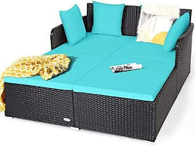 Happygrill Outdoor Rattan Daybed Patio Loveseat Sofa Set with Padded Cushion Pillows and Sturdy Aluminum Foot, Wicker Patio Furniture for Garden Porch Poolside