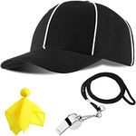 Adjustable Black with White Stripes Soccer Cap Official Referee Hat and Stainless Steel Whistle with Lanyard for Halloween Football Refs Umpires Linesman