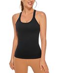 CRZ YOGA Women's Seamless Racerback Yoga Tank Tops with Built in Bra - Padded Sports Gym Vest Tops Strappy Long Camisole Black 12