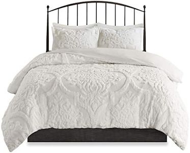 Madison Park Tufted Chenille 100% Cotton Duvet Modern Luxe All Season Comforter Cover Bed Set with Matching Shams, Full/Queen(90"x90"), Damask Off White 3 Piece