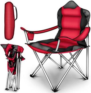 TRESKO® Silla de Camping Plegable y transportable | hasta 150 kg | Silla de Pesca portátil con reposabrazos y portabebidas (Rojo)