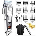 Cordless Hair Clippers For Men, Professional Barber Clippers For Hair Cutting Rechargeable Hair Trimmer Set, 0.4-19mm Precision, Stainless Steel Blade, LED Display, Grooming & At-Home Haircutting Kits (Silver)