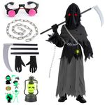 Halloween Grim Reaper Costume Kids Boys 8-9 9-10 with Scythe Glowing Eyes Death Costume Kids Grim Reaper Cloak Black Cape Kids Scream Scary Halloween Costume Grim Reaper Outfit Fancy Dress for Boys