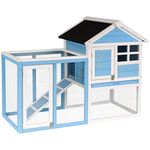 PawHut 48" Weatherproof Wooden Rabbit Hutch with Slant Roof and Screened Outdoor Run, Light Blue