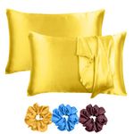 Riara Satin Silk Pillowcase Pillow Case Covers with Envelop Closure for Hair and Skin Home Bed Decor Set of 2 Pillowcase Free 3 Pc Scrunchie (Standard Size(20" 26"), Lemon Chrome)